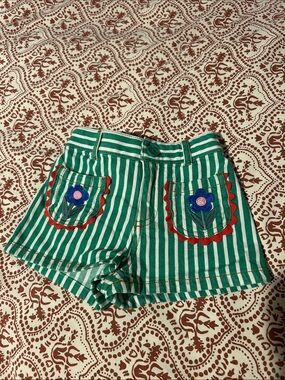 Mini Boden Green and White Striped Embroidered Flower Shorts